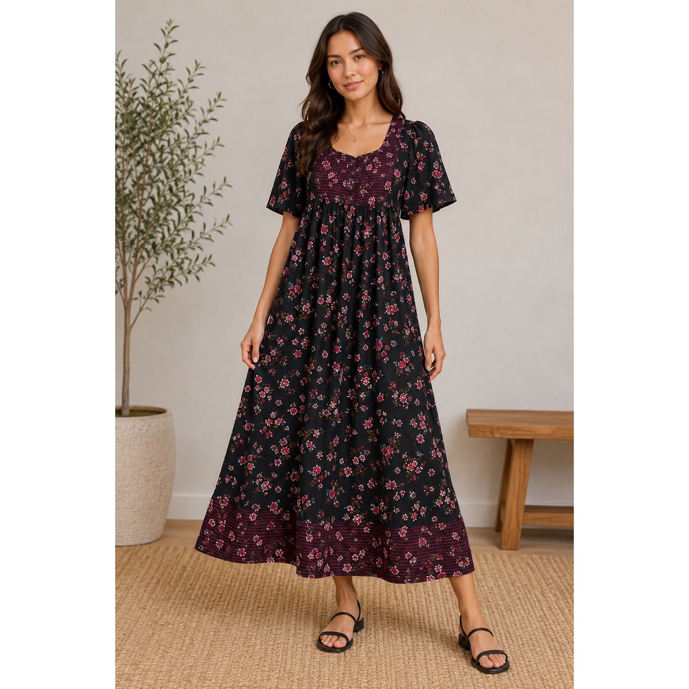 Only Necessities Womens Cottagecore Floral Cotton Maxi Dress Black Pink 14/16 Mā